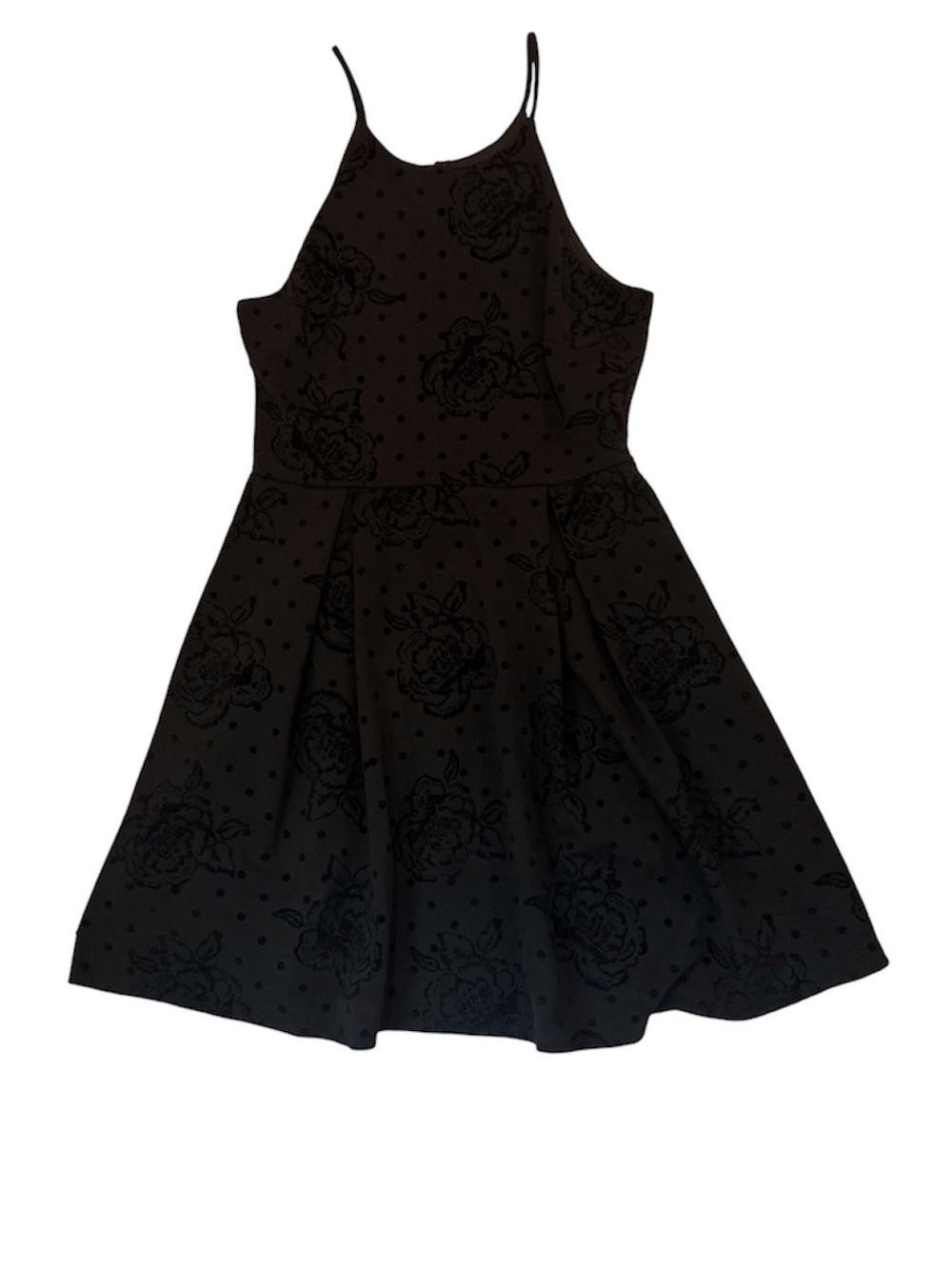 Aqua Black Flocked Floral Polka Dot Fit & Flare Skater Dress Large - Picture 2 of 7
